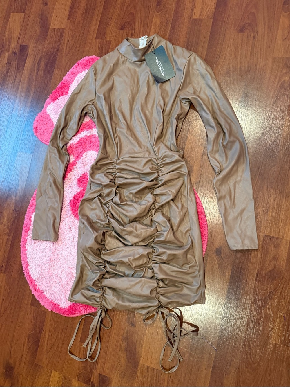 Fashion Nova Brown Faux-Leather Ruched Long-Sleeve Mini Dress